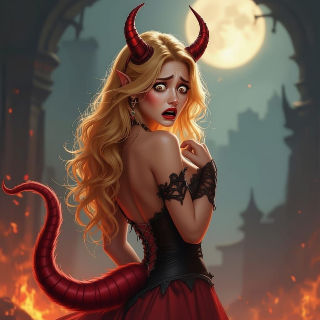 A seductively beautiful woman with devil horns on her head and bright red skin with luxurious golden hair and a devilish tail being sent bac...