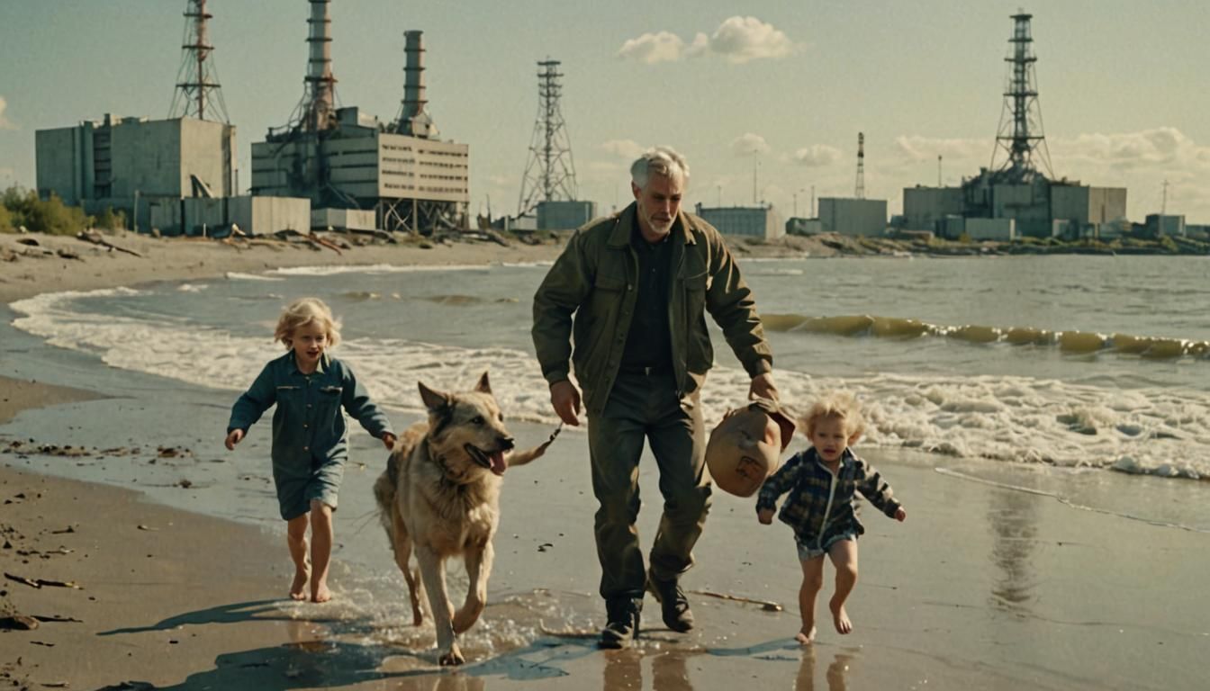 A father with his two young children going for a beach holiday in the modern evolution of industrialization.  by @Zelgar Rockcrusher