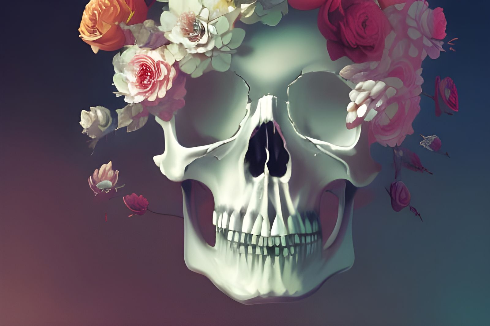Old Skull, magnificent overflowing of flowers, beautiful col...
