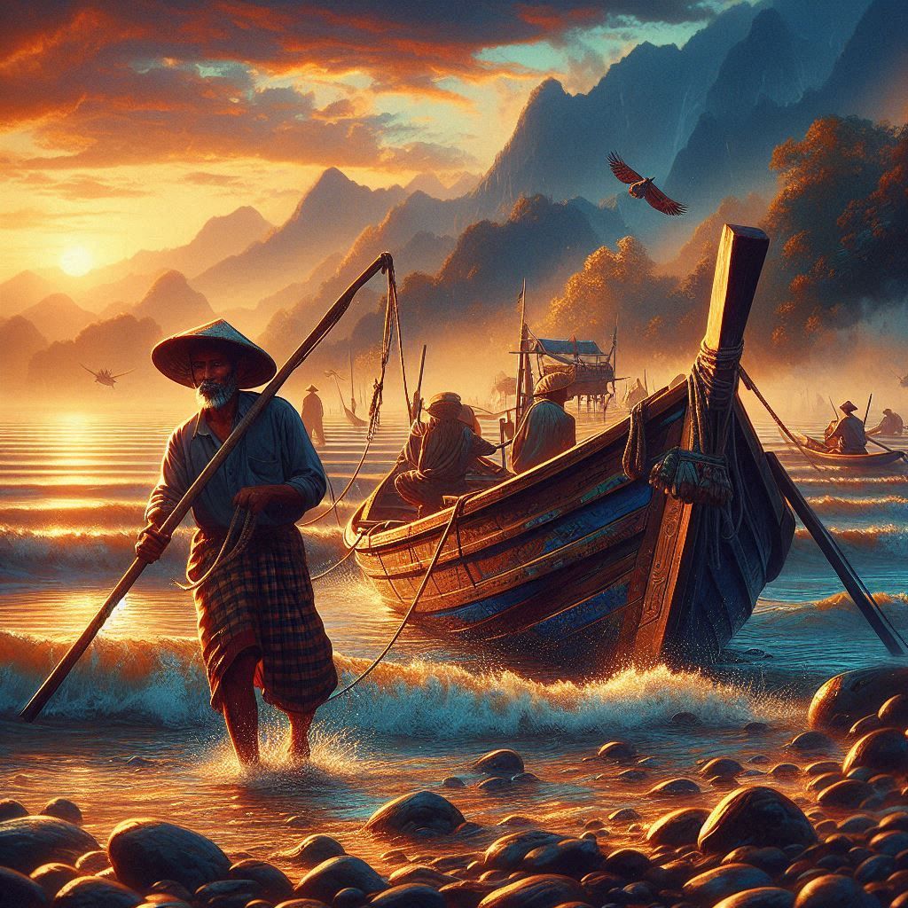 Fisherman pulling his Boat on the Shore of the Brahmaputra-B...