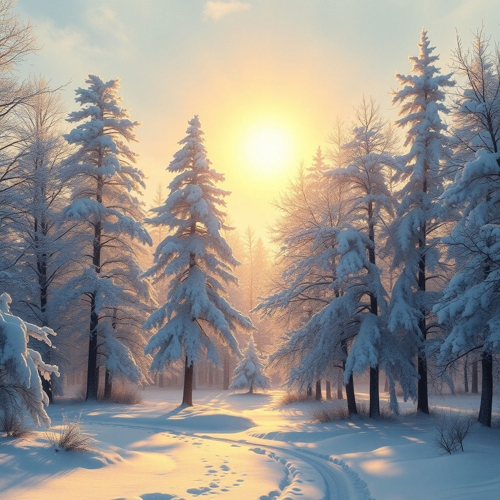 Impasto acrylic painting. Medium shot. Snow-covered trees st...