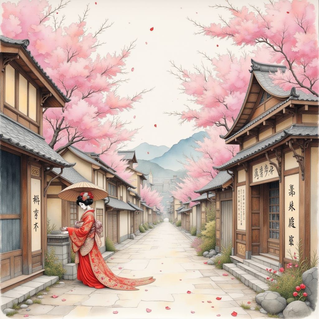 Springtime Japanese Street Scene with Geisha in Watercolor