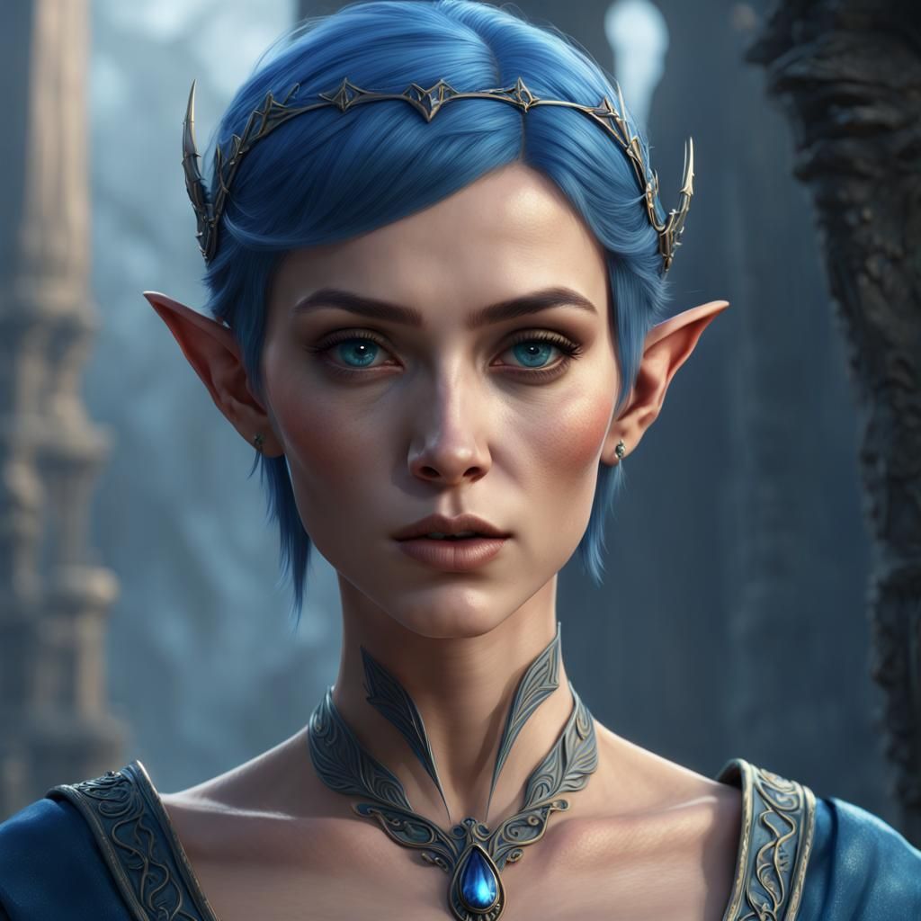 Blue Short Haired Elven Woman, Sharp Facial Features, Wearing A Thin 