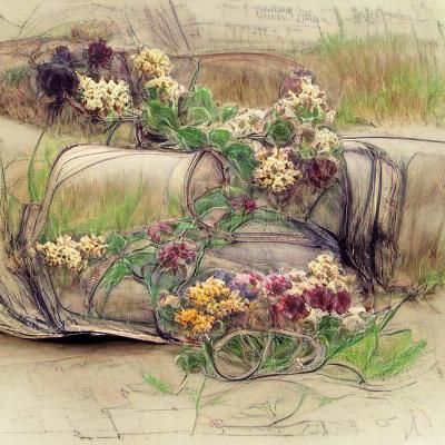 Victorian colored sketch, lush comfortable; Flowers by the Roadside
