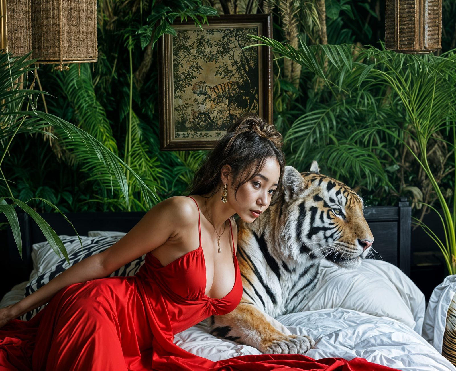 Model posing next to a tiger