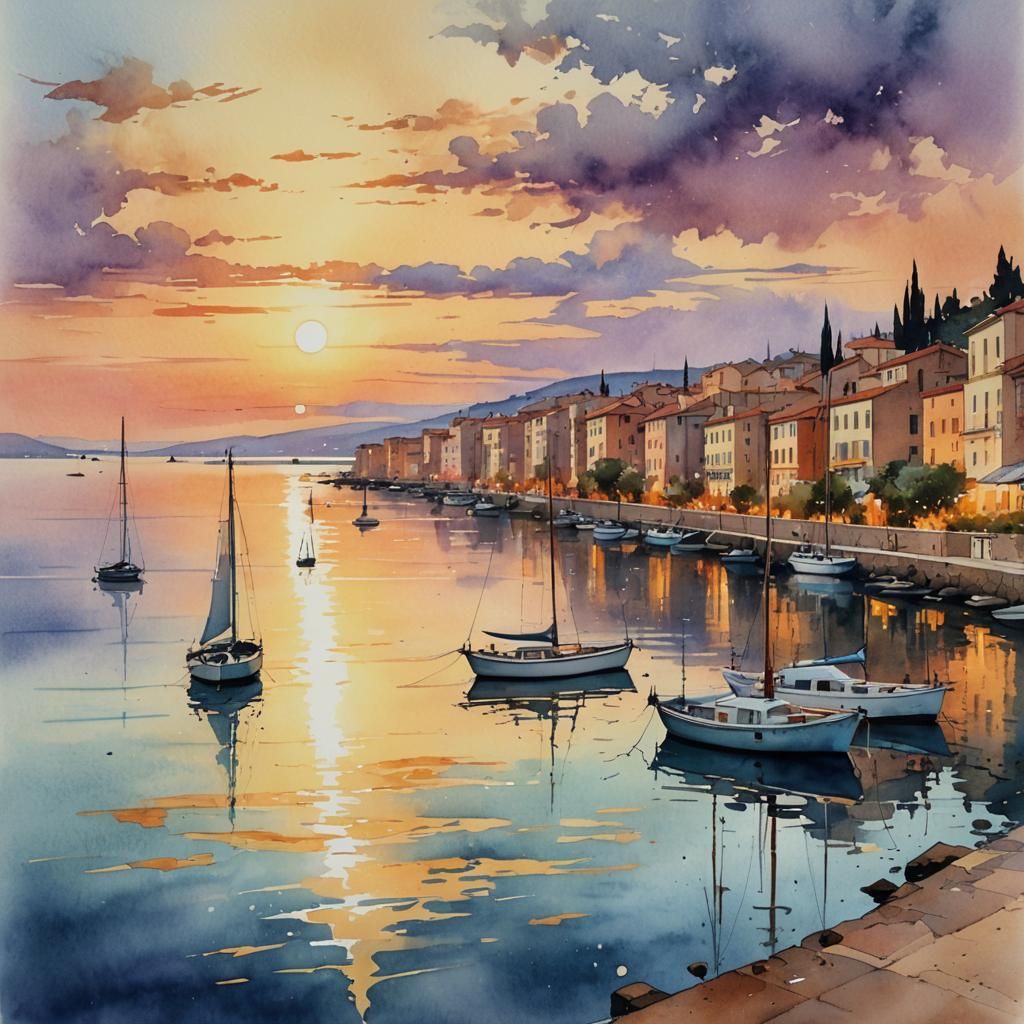 a painting of a sunset over a body of water, a detailed pain...