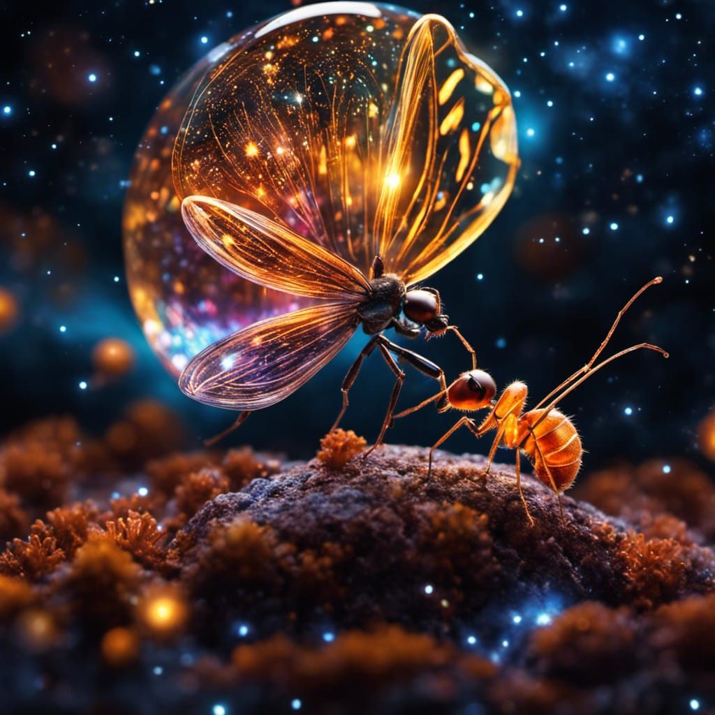 Friends - An ant and mystical butterfly - closeup  by @OneMich01