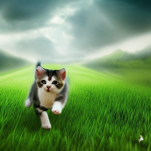 Happy kitten running on green field