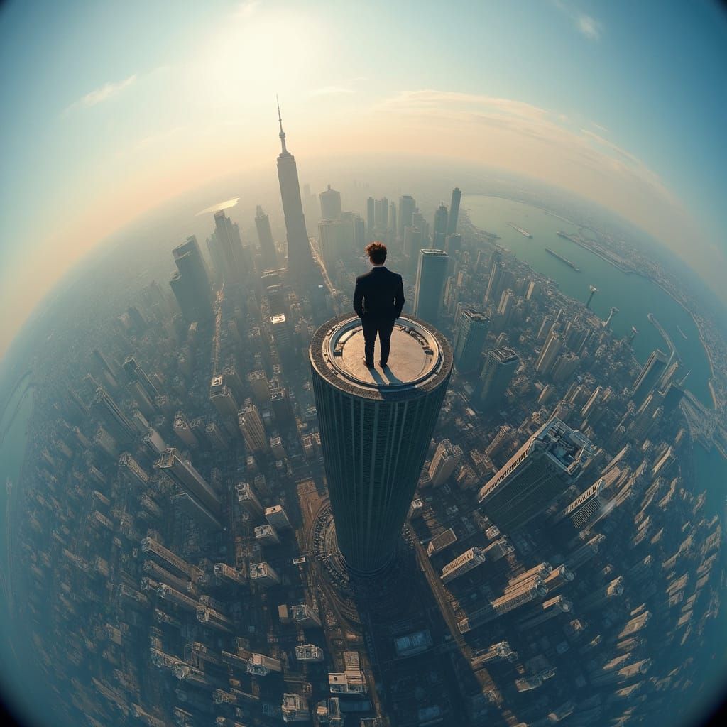 Surreal Cityscape with Figure on Rooftop in Uncanny Perspect...