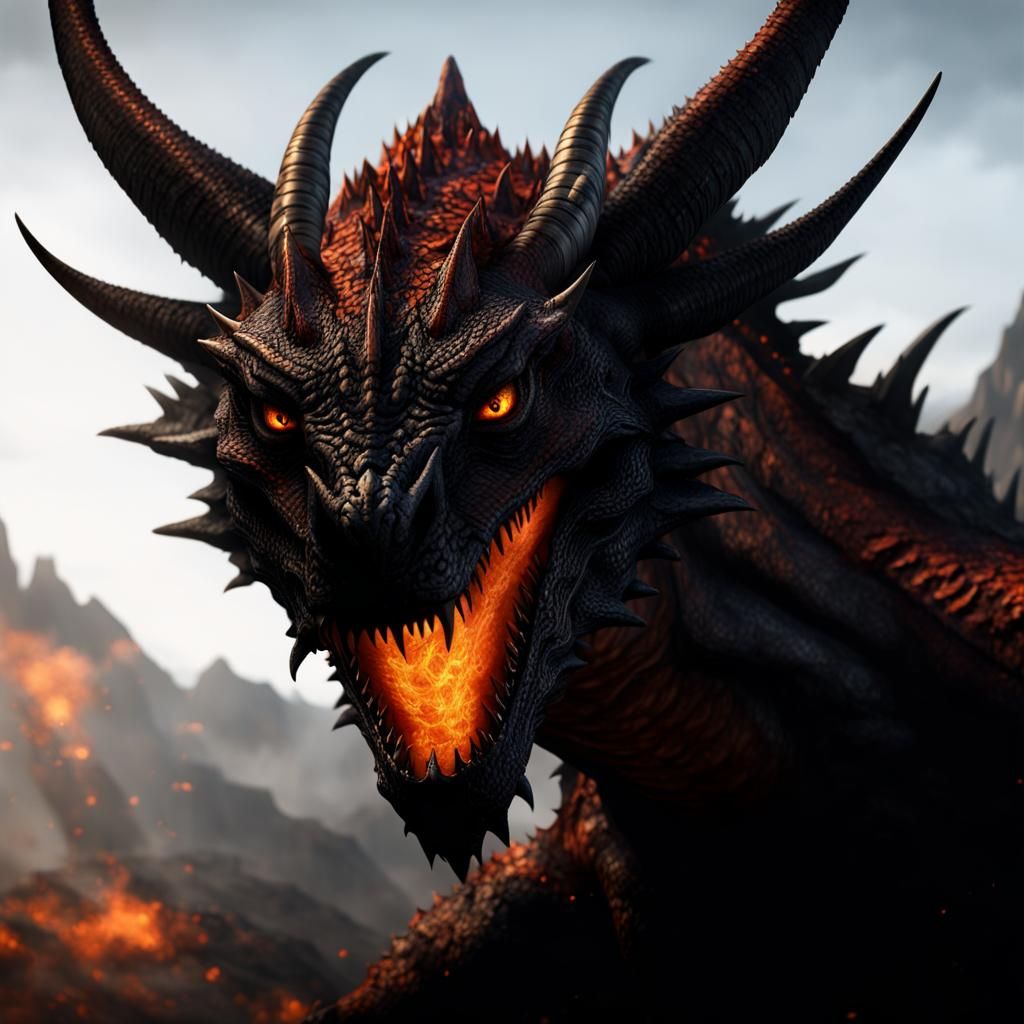 Smaug, fire red eyes, black and orange skin, bull horns, Alduin dragon ...