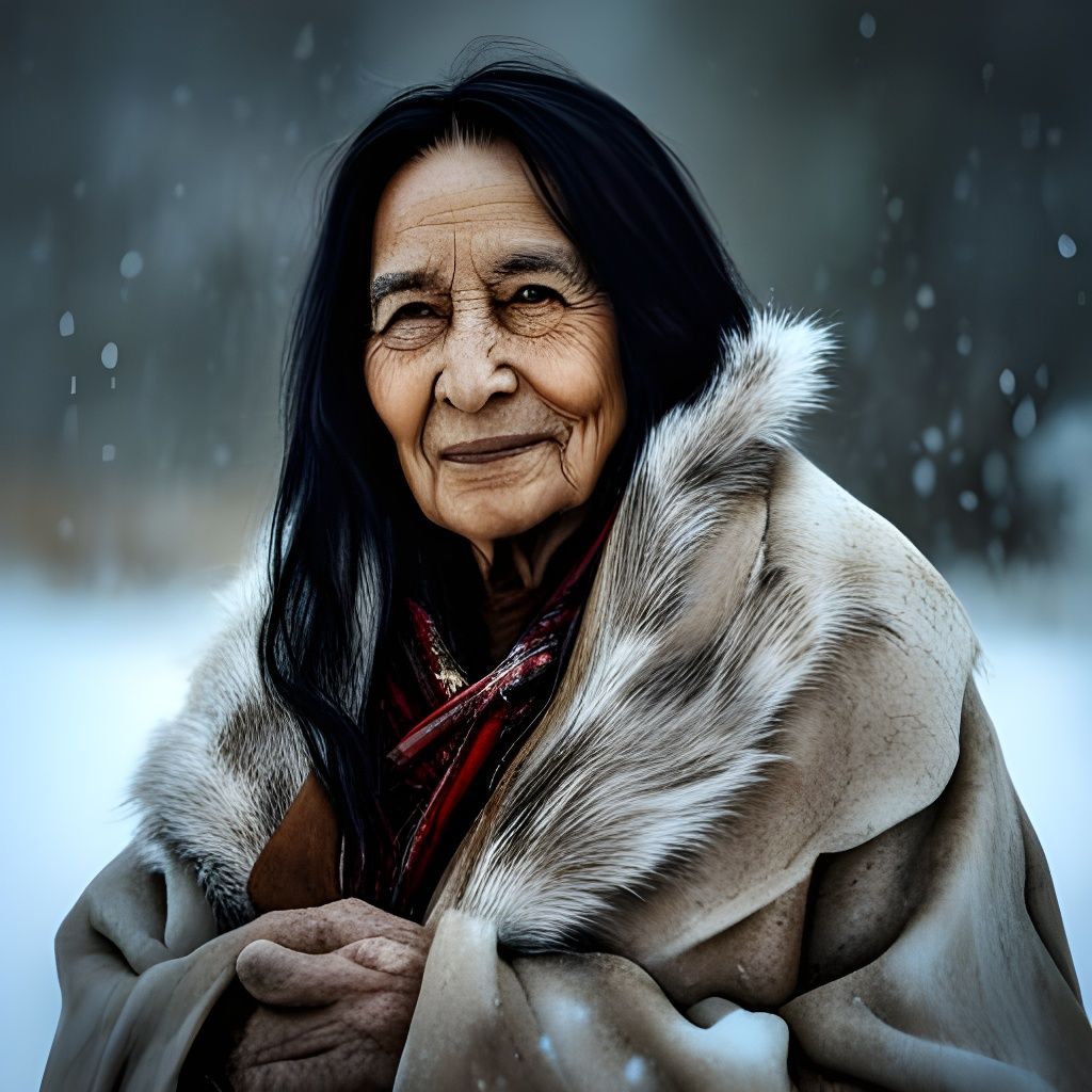 Beautiful smiling old native American woman, wearing a brown fur lined ...