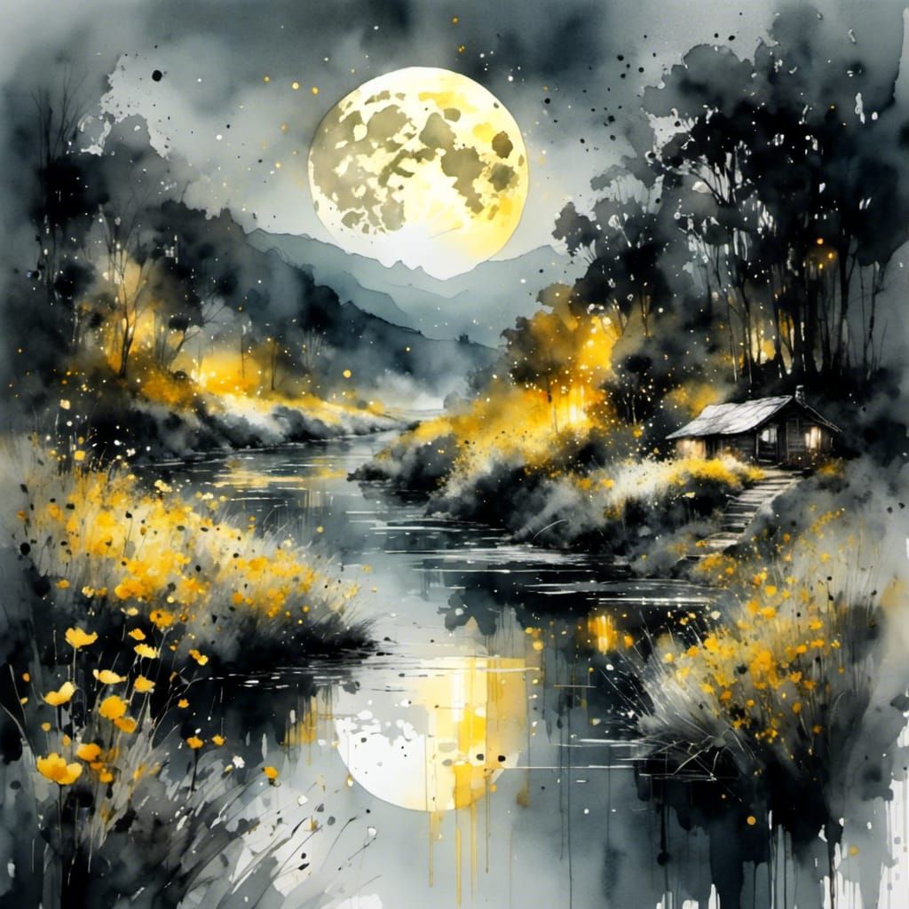 a magnificent <lora:Anduin:1.0> lush summerscape at night| full moon| rivers| flowers| watercolor| breathtaking beauty| 8k gorgeous| sharp f...