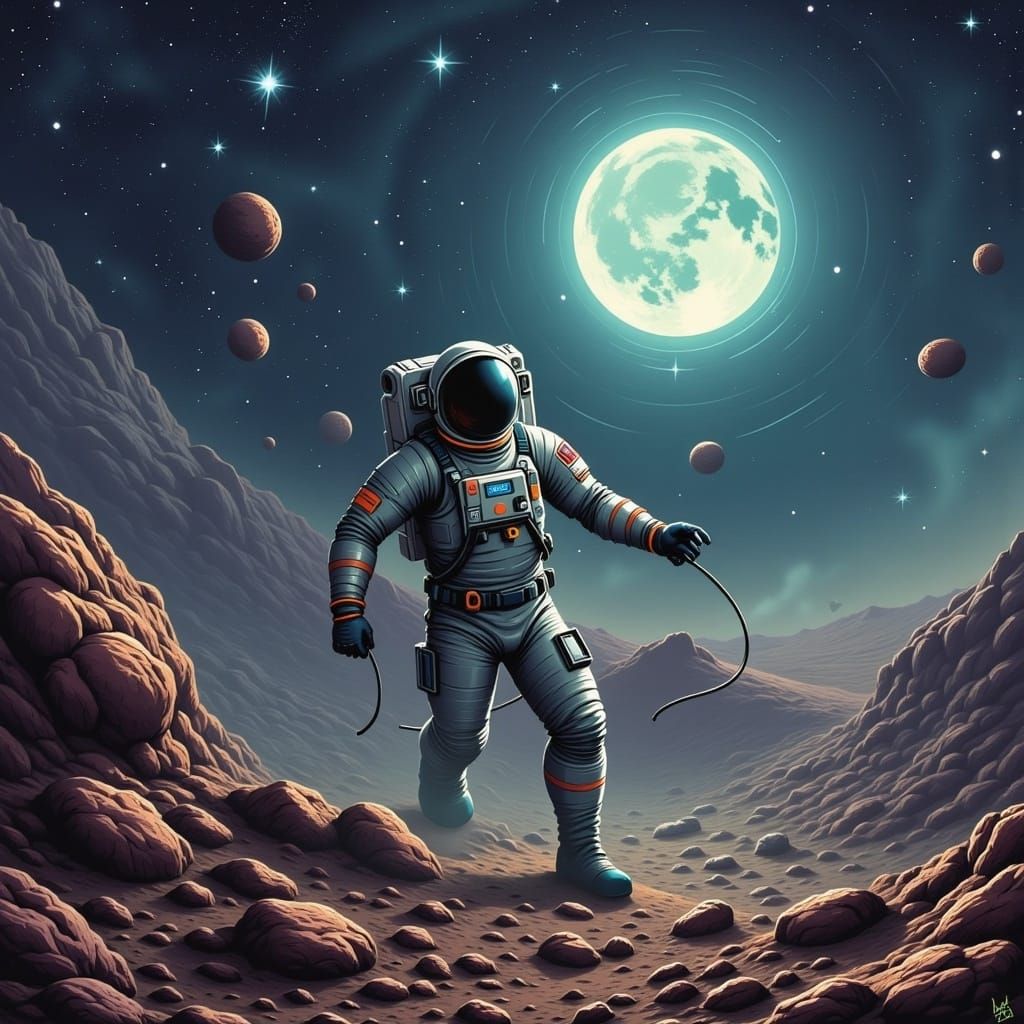 Creepy spaceman navigating an asteroid field <lora:Caffeine Comics:1.0> 