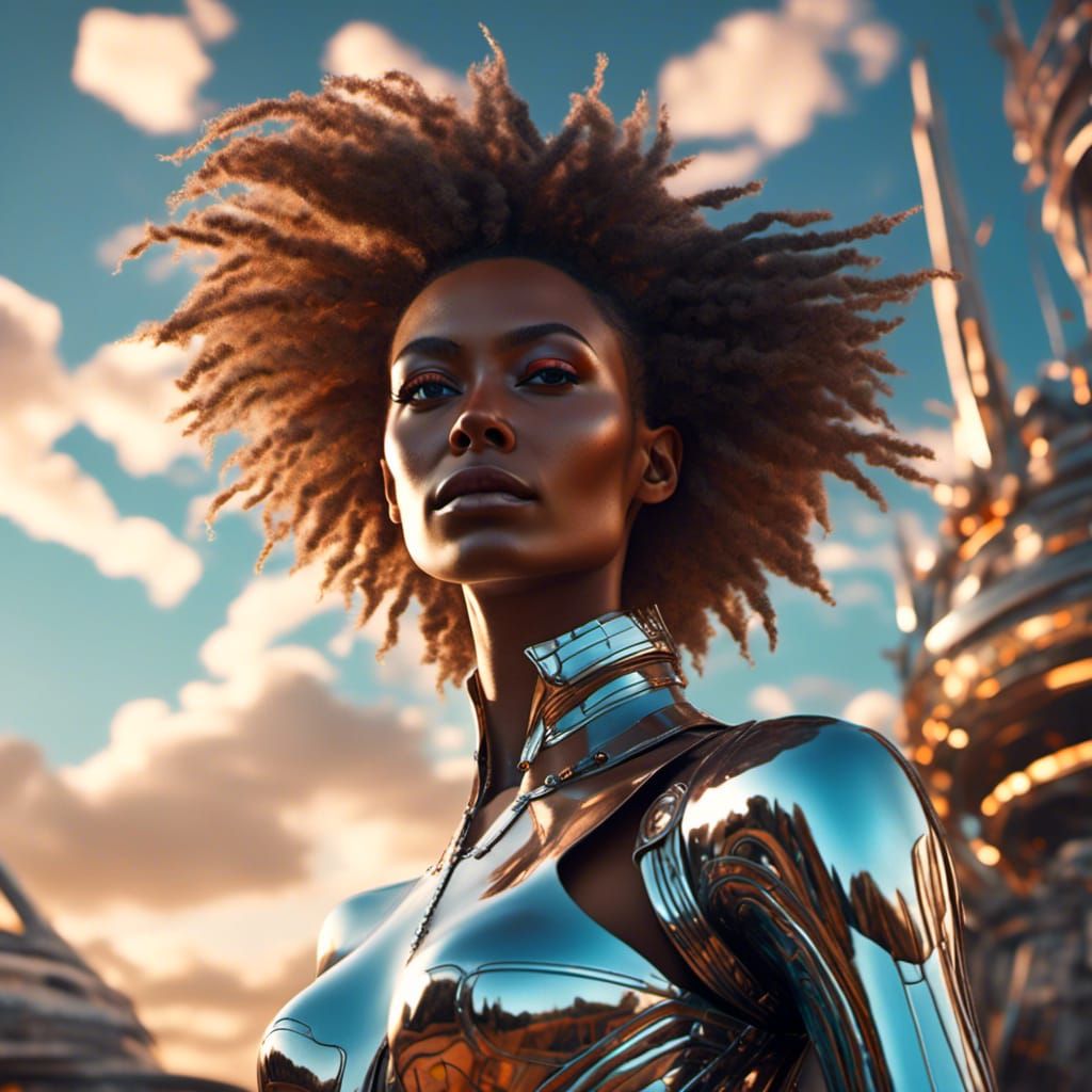 <lora:Black Characters:1.0>fierce futuristic woman, sunny day sky, dramatic centered view
