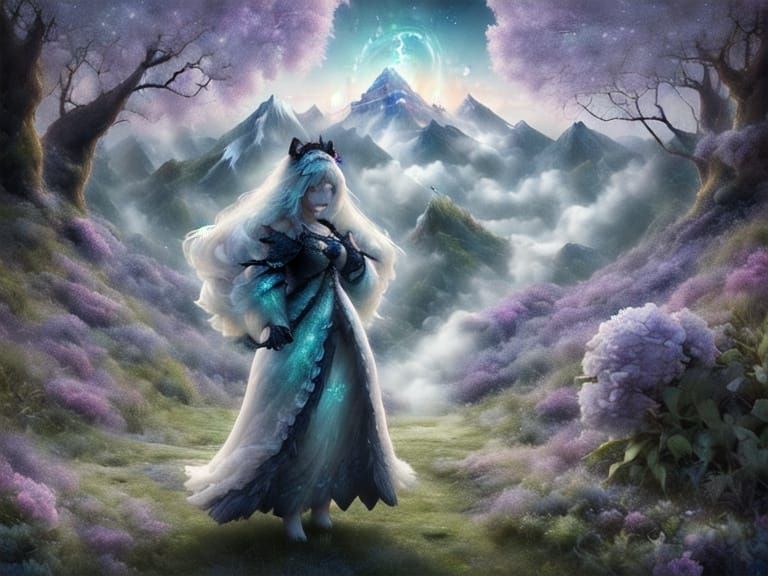 Ethereal Singer on Mystical Mountain Peak in Vibrant Colors