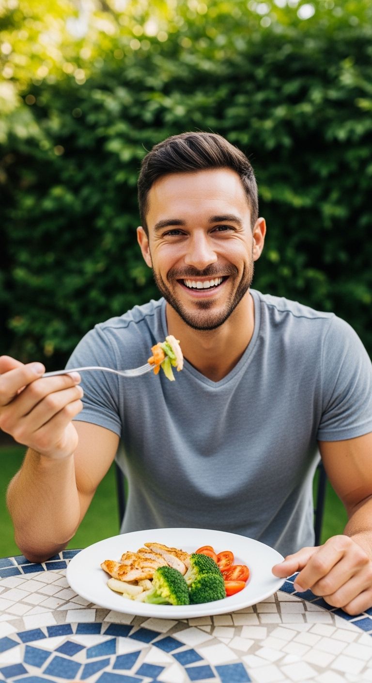 A happy and fit man with short, dark hair and a light beard is seated at an outdoor mosaic table, smiling broadly at the camera. He is shirt...