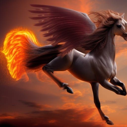 Fierce winged horse in mid-flight with a fiery mane.