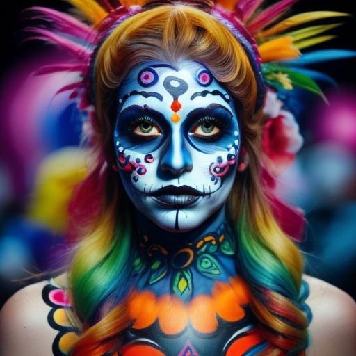<lora:Candy Cosmos:1.0> Medium shot of a beautiful woman wearing colorful Día de los Muertos face paint.