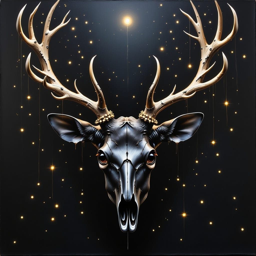 <lora:Fairy Lights Flux:1.0>  A deer skull, intense impasto painting, pitch black, dripping black oils