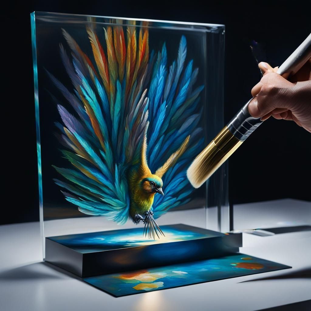 artist's paintbrush to canvas with (vivid 3D hologram of a bird emerging from canvas:1.3) 