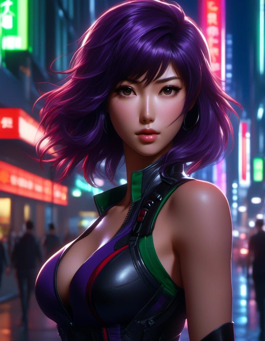 Hyperrealistic Portrait of Motoko Kusinagi, vlack hair, wear...