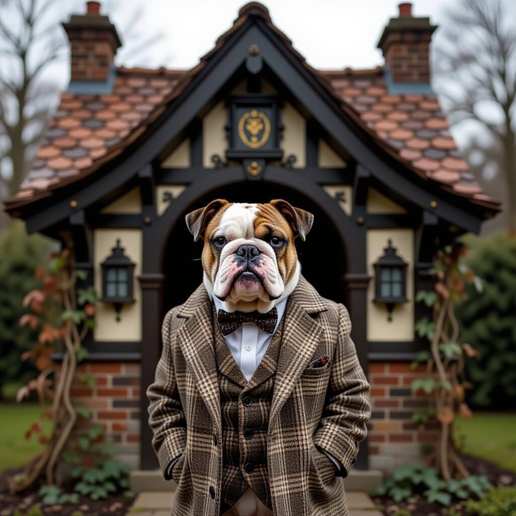 An English bulldog admiring his new tudor doghouse   by @RPGCatLover