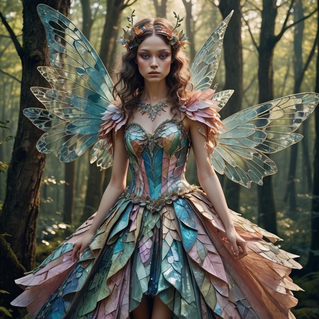 Fairy, soft blue tones, textured fabric, intricate wings, su...