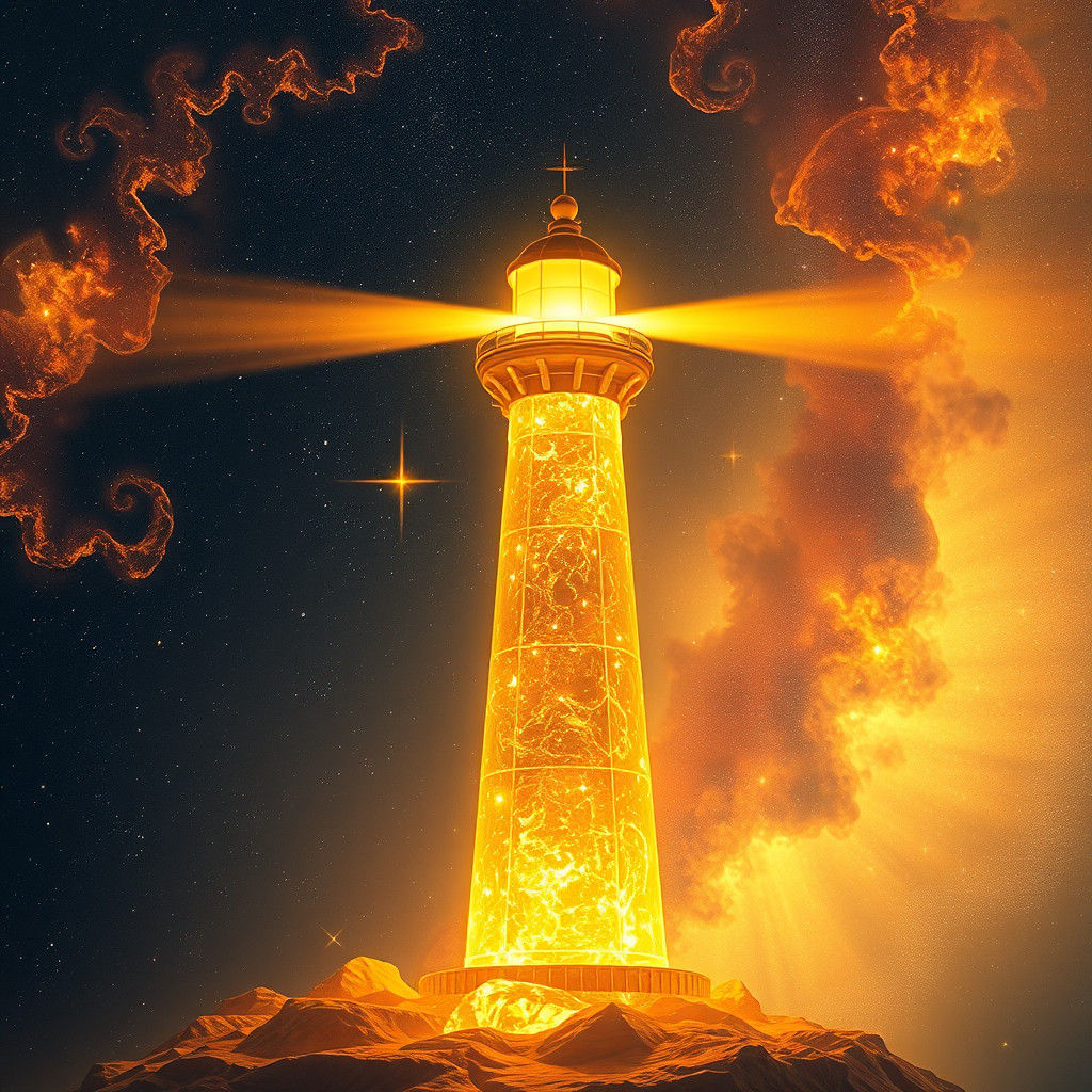 A beaming lighthouse in a golden light  by @axelb