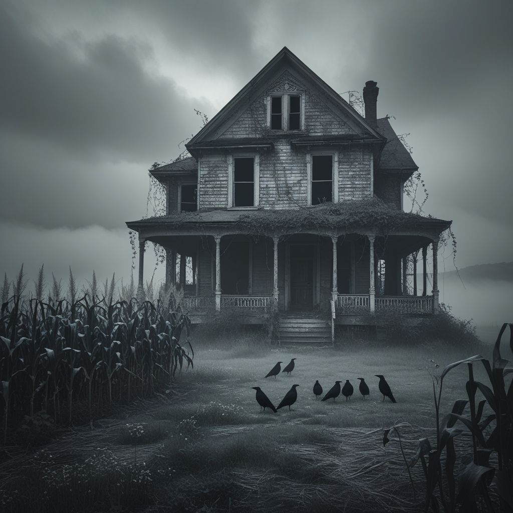 Desolate house in cornfield, with crows