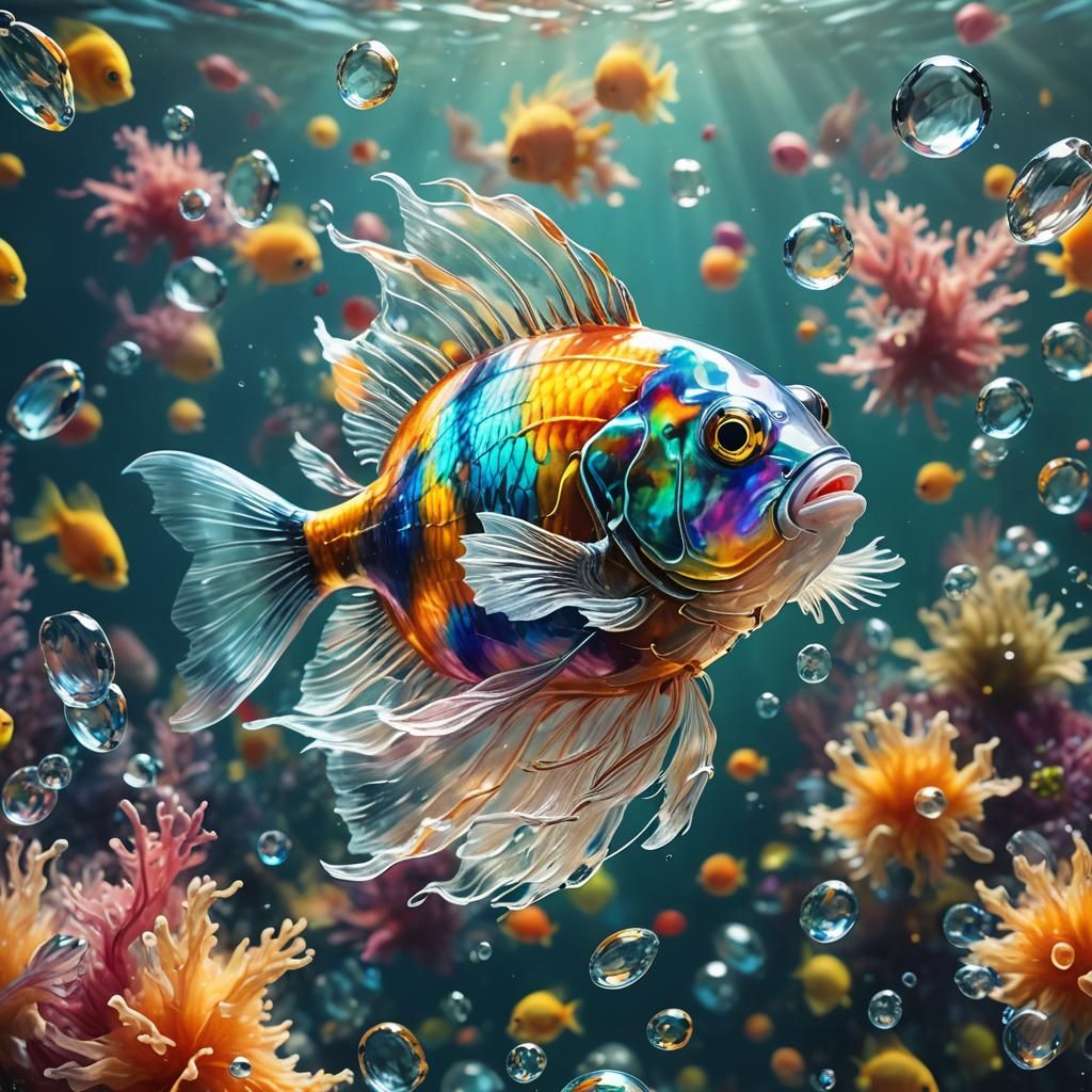 Adorable cute colorful fluffy transparent cristal fish swiming in the beautiful ocean.   by @Maryi