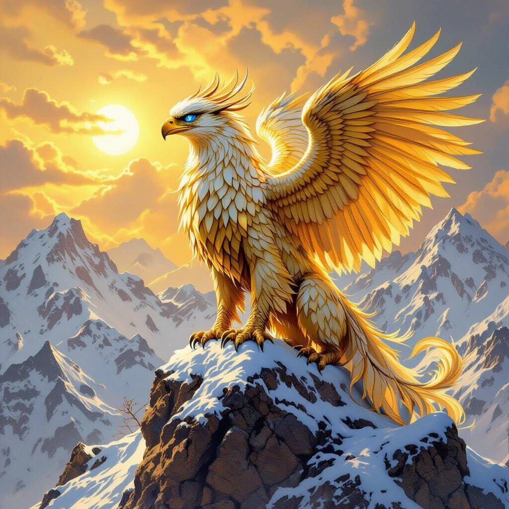 A majestic griffin, with feathers of shimmering gold and piercing blue eyes, perched atop a snow-capped ...  by @tabbcat