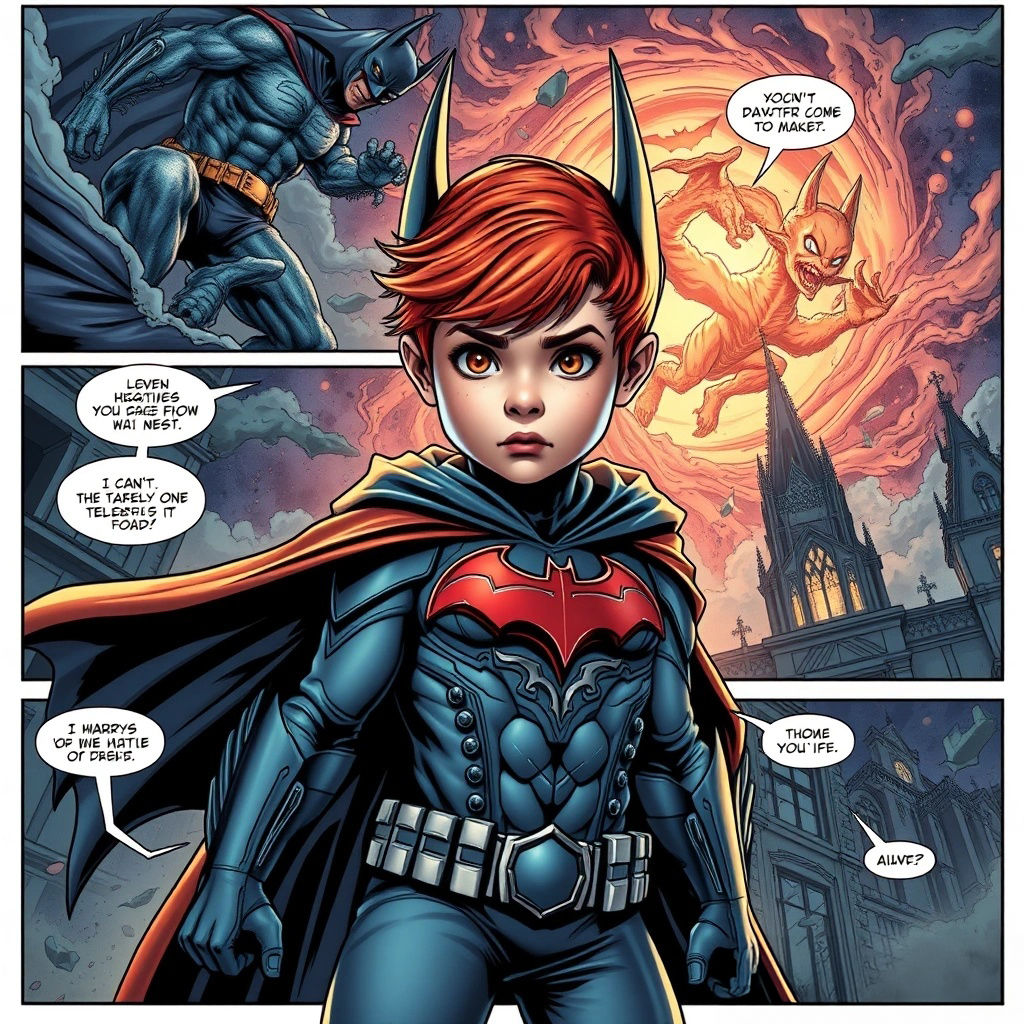 A young ginger Batman battles a demon in a dramatic comic book style.