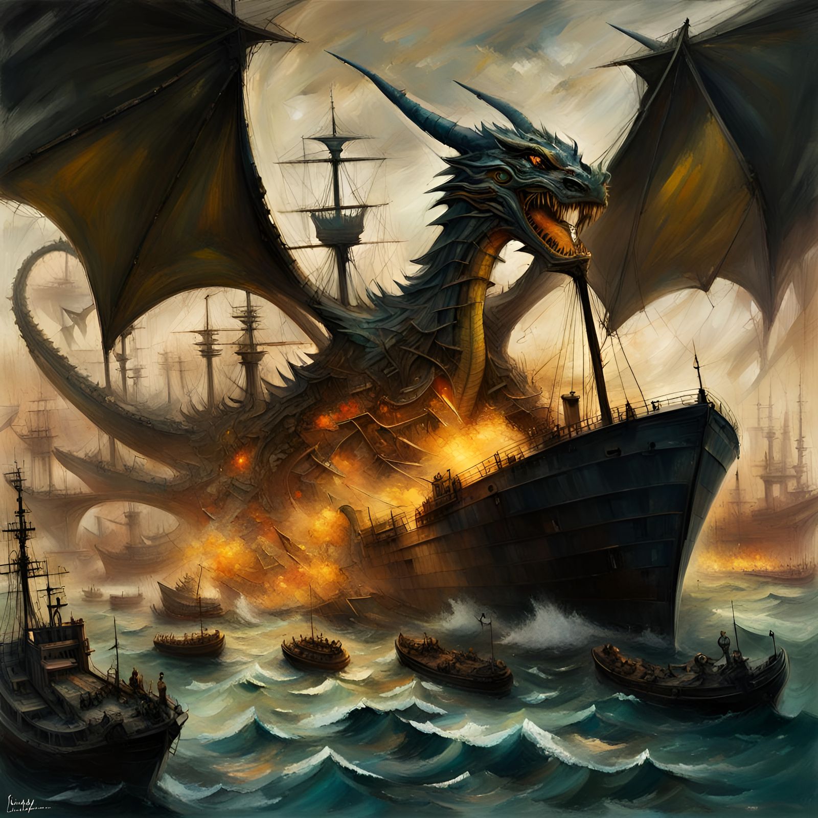 Dragon attacking a fleet of ships