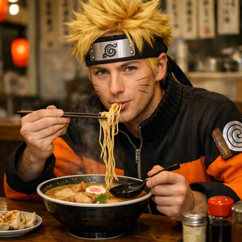 A recognizable anime character reimagined as a real person with accurate costume and traits eating ramen ...  by @Fugetti