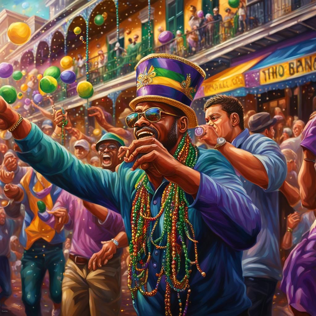Mardi Gras on bourbon Street in New Orleans Louisiana, people catching