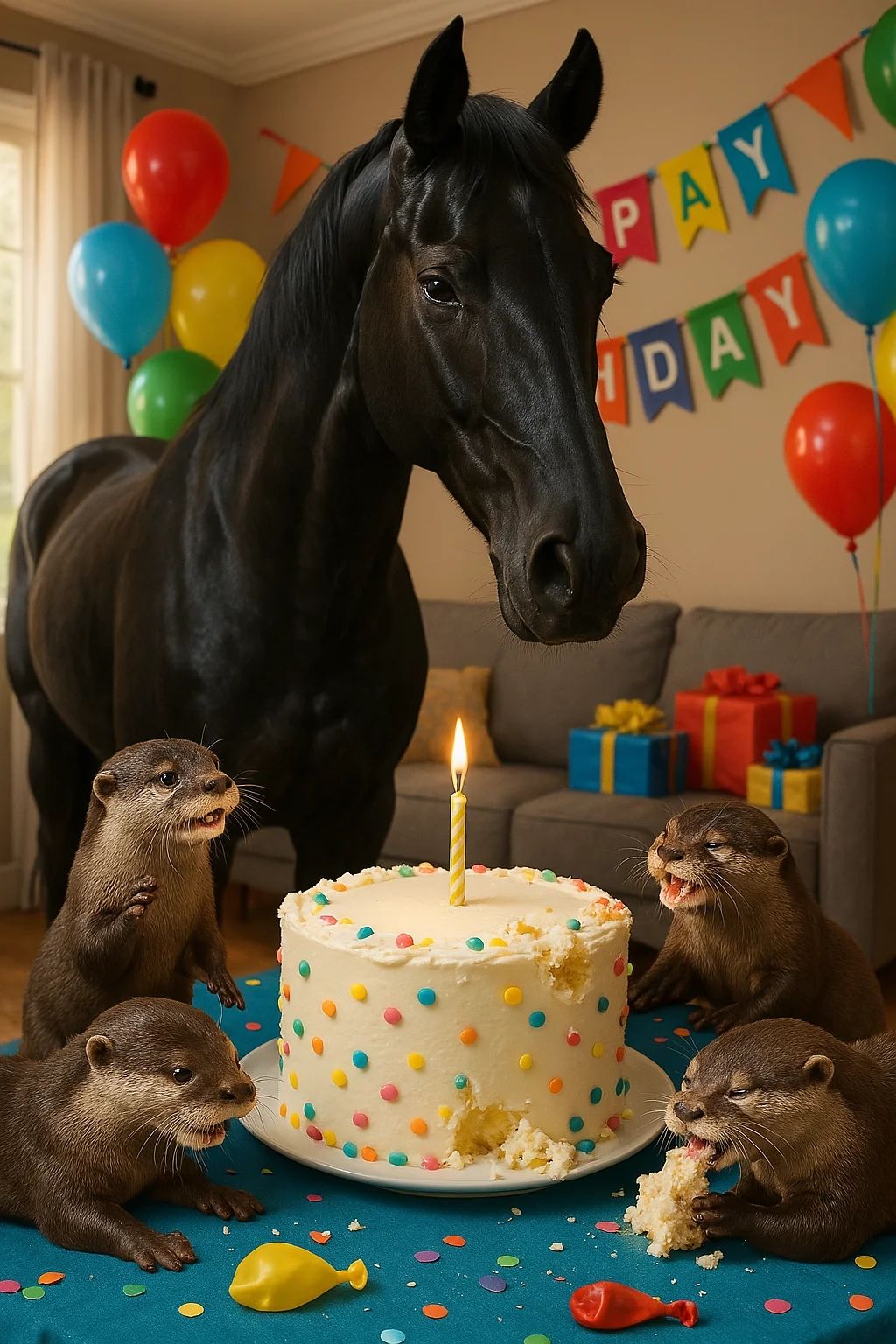 Otters birthday party and a black horse