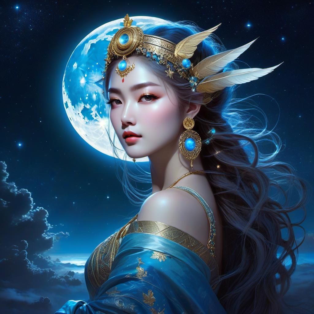 PORTRAIT OF A beautiful celestial moon goddess in the moonlight ...