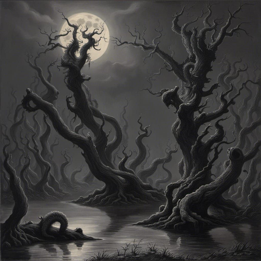 dead trees trunks in dancing, sinuous shapes in the bayou in the ...