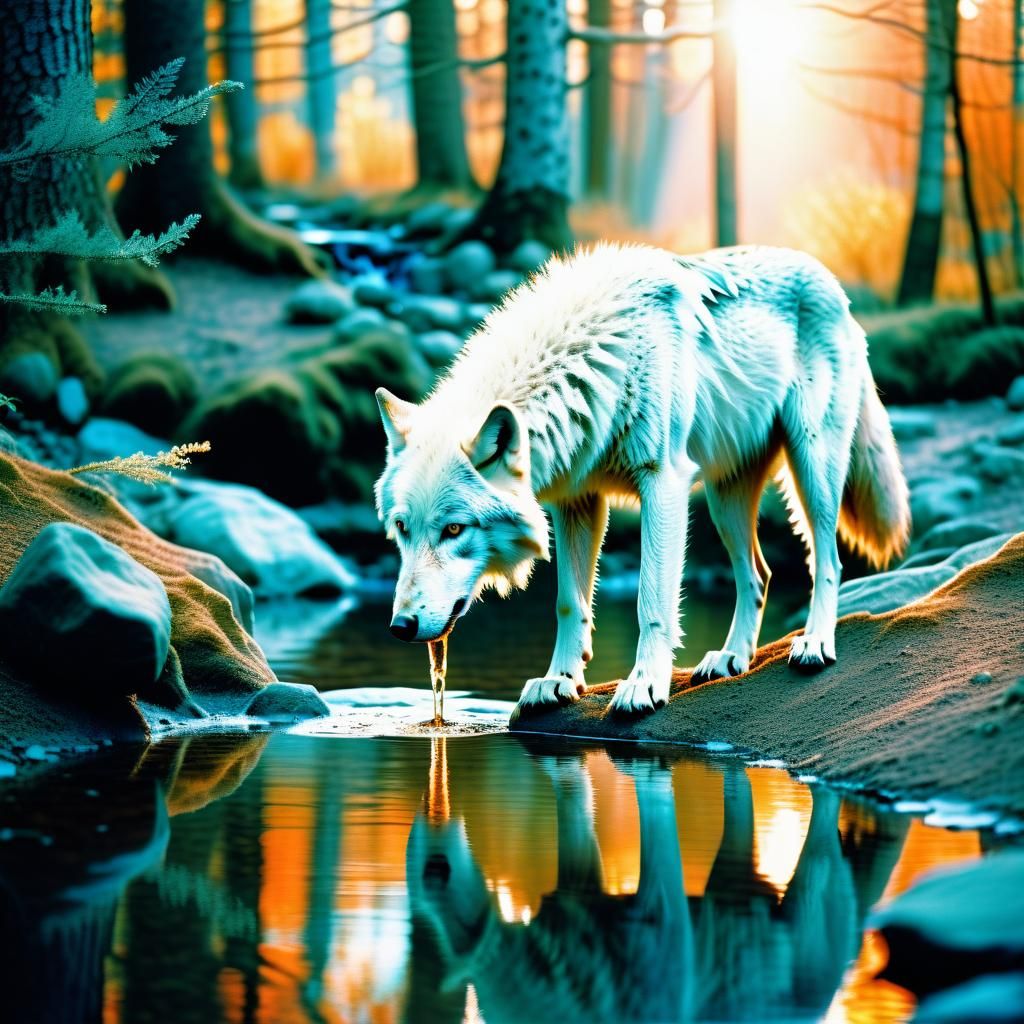 A skinny and thirsty white wolf