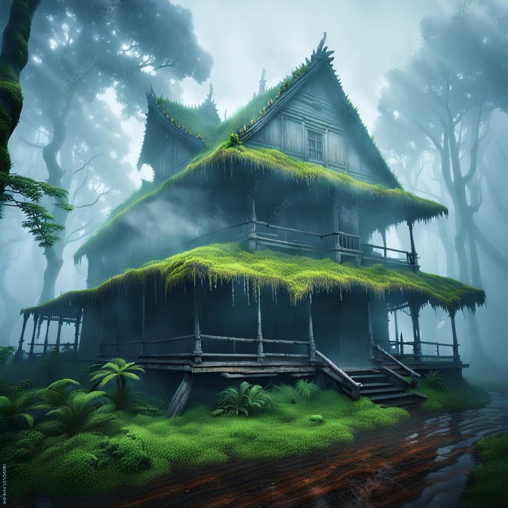 Ancient rainforest with old wooden house in the fog