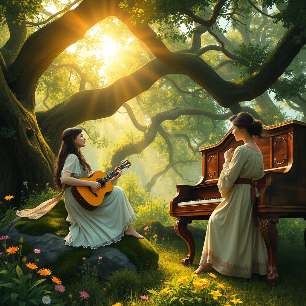 Serene Women in Nature, Bohemian Dress, Guitar, Piano, Impre...