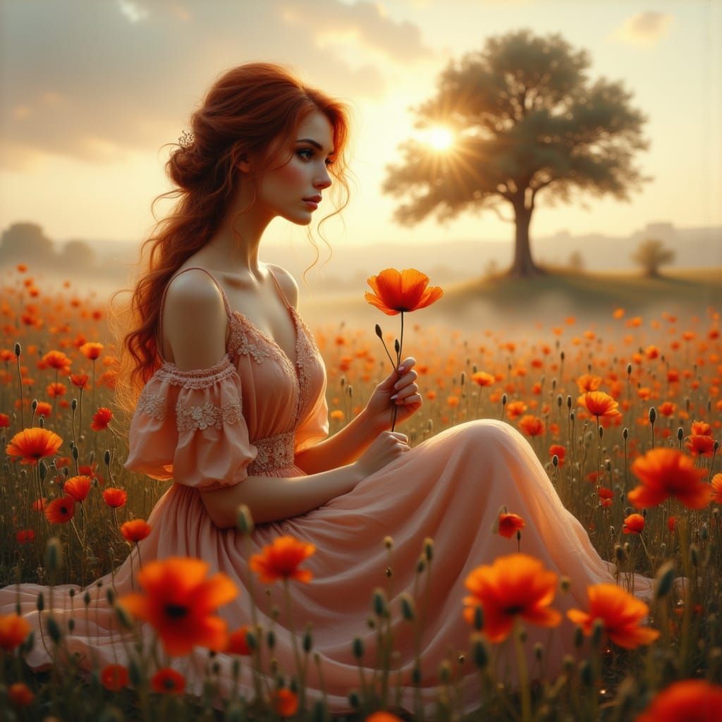 Contemplative Woman in Poppy Field at Sunrise