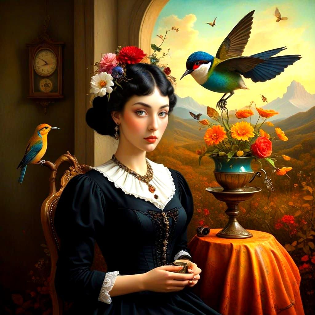 Surreal Lady Amidst Whimsical Creatures in a Fantastical Com...