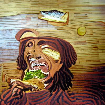 Bob Marley eats a tuna sandwich oil on canvas woodcut