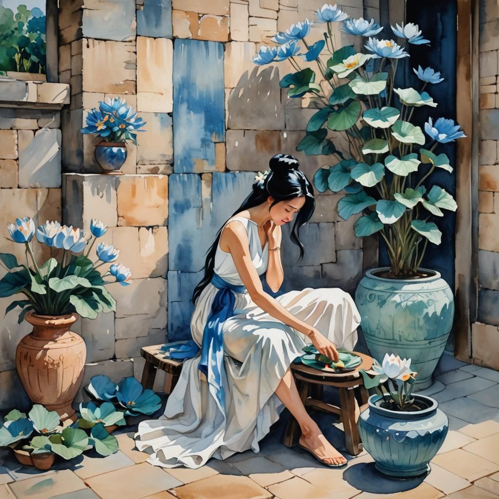 Woman Styling Hair in Gouache Watercolor Style