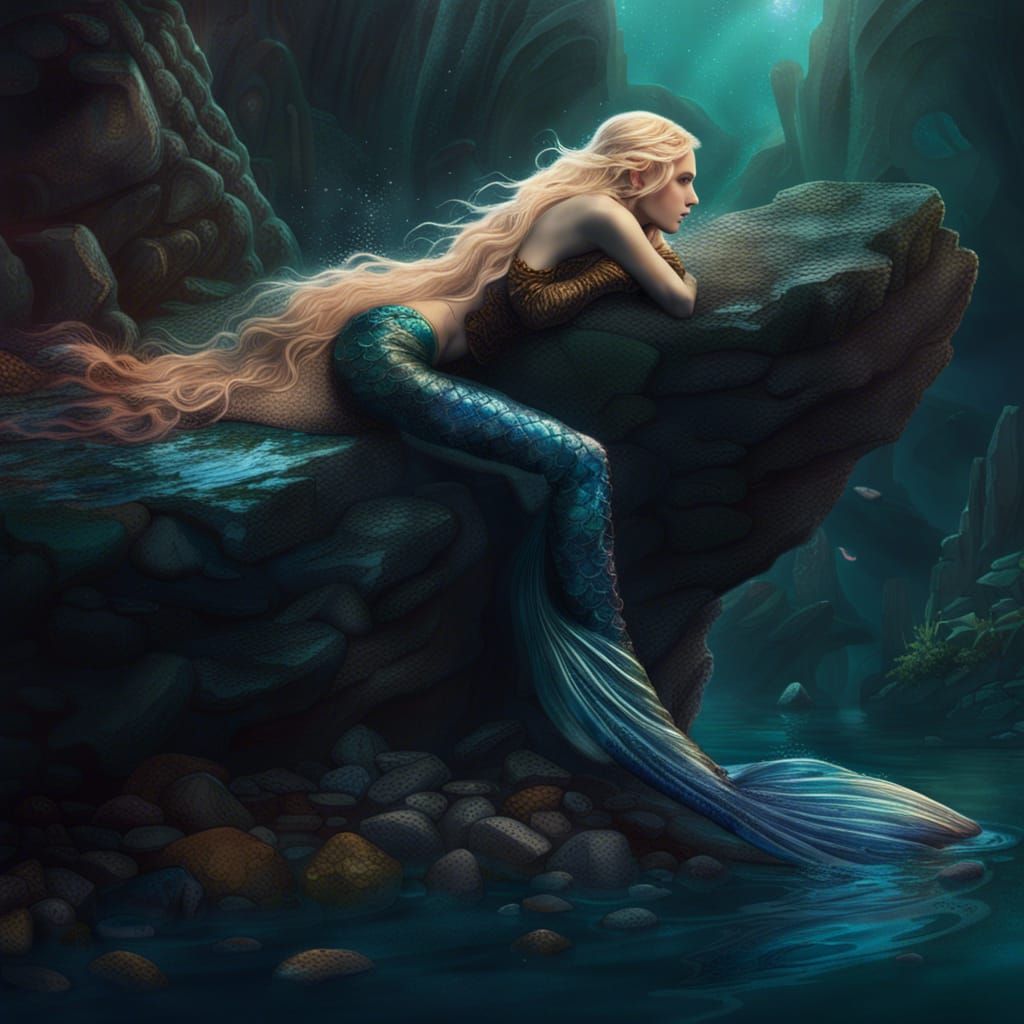 a girl with a mermaid tail and wispy blond hair lying half o...