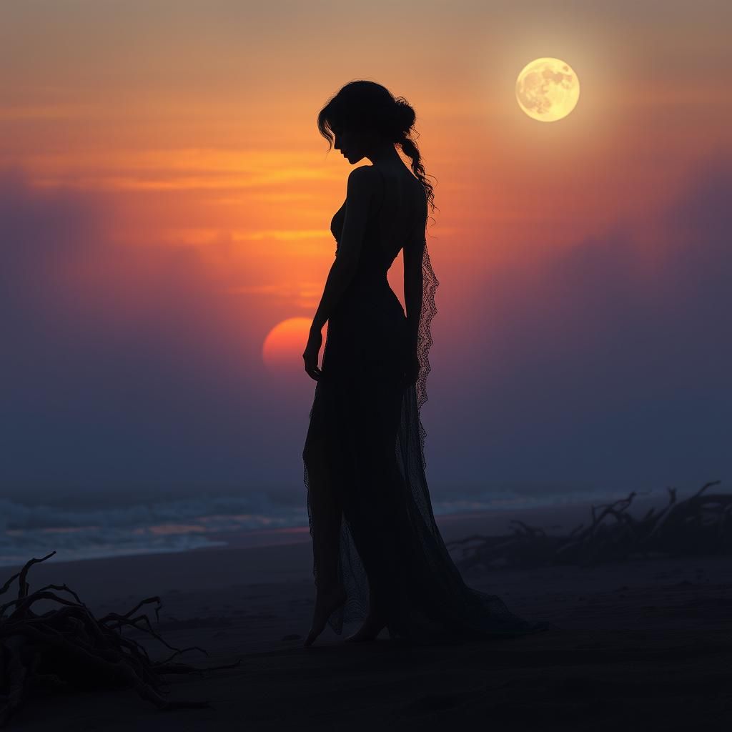 Mystic Woman at Sunset: Dark Fantasy Concept Art