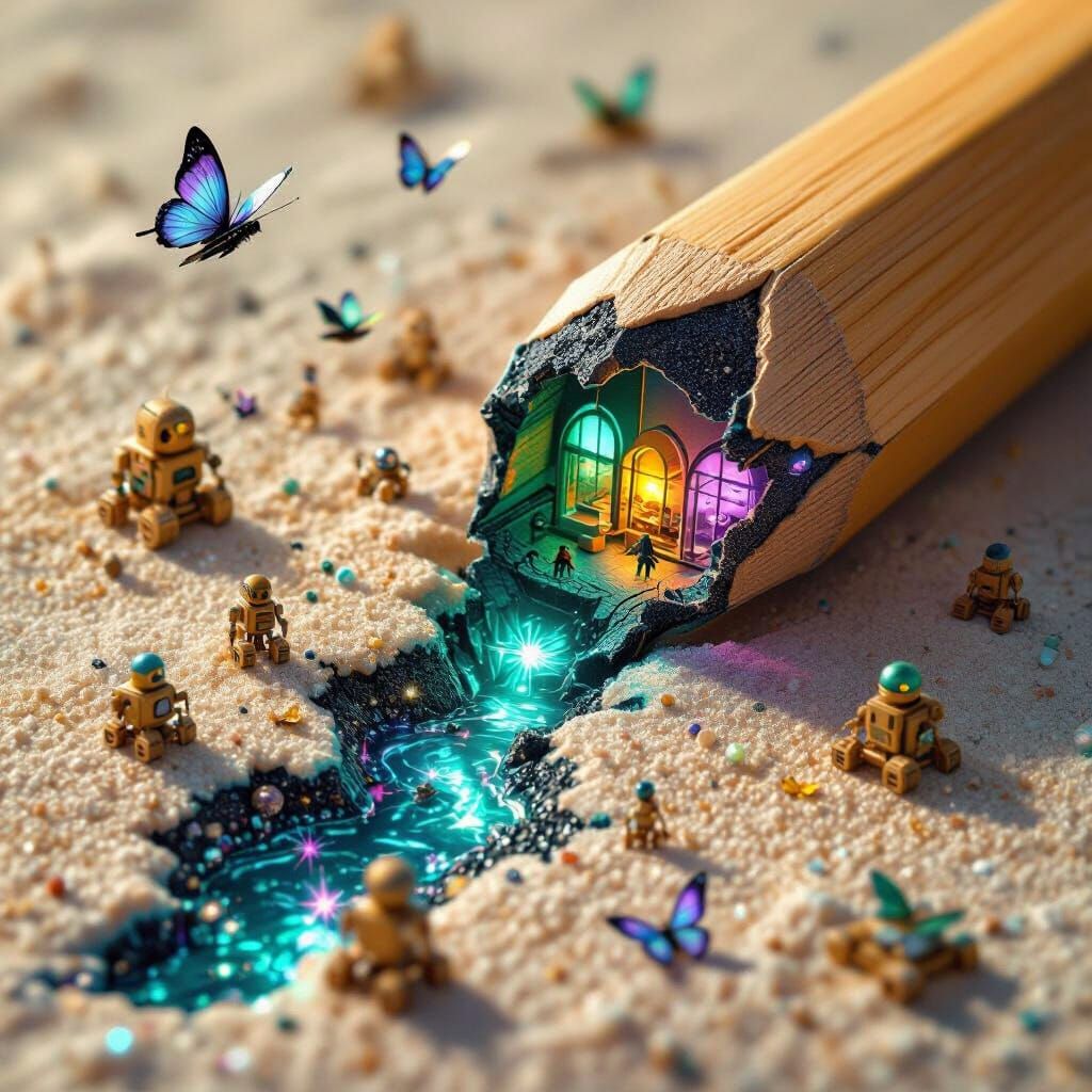 A surreal miniature world emerging from a broken wooden pencil. From the cracked graphite core flows a river of sparkling black graphite, wi...