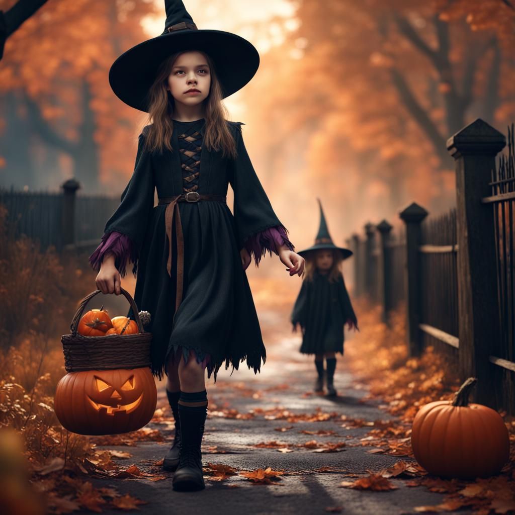girl in a witch costume trick or treating