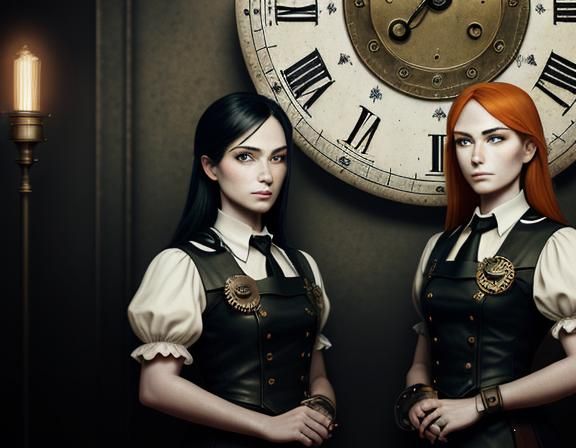 Two identical female twin sisters in identical uniforms, sta...
